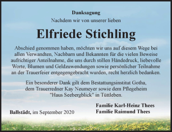 Traueranzeige von Elfriede Stichling von Thüringer Allgemeine, Thüringische Landeszeitung