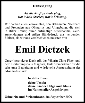 Traueranzeige von Emil Dietzek von Ostthüringer Zeitung, Thüringische Landeszeitung