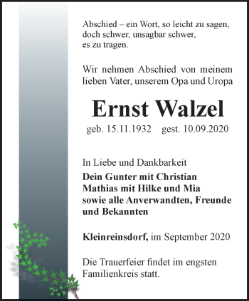 Traueranzeige von Ernst Walzel