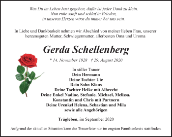 Traueranzeige von Gerda Schellenberg von Thüringer Allgemeine, Thüringische Landeszeitung