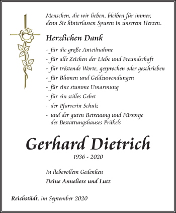 Traueranzeige von Gerhard Dietrich von Ostthüringer Zeitung