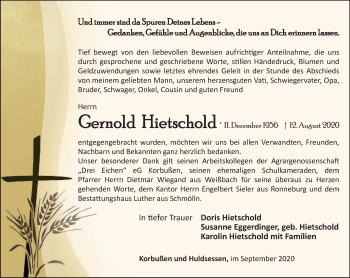 Traueranzeige von Gernold Hietschold von Ostthüringer Zeitung