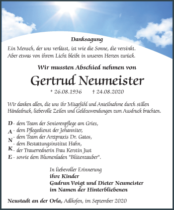 Traueranzeige von Gertrud Neumeister