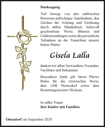 Traueranzeige von Gisela Lalla von Ostthüringer Zeitung