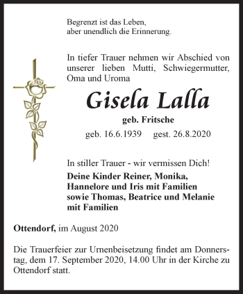 Traueranzeige von Gisela Lalla von Ostthüringer Zeitung