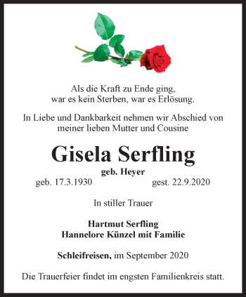 Traueranzeige von Gisela Serfling von Ostthüringer Zeitung