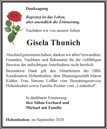 Traueranzeige von Gisela Thunich von Ostthüringer Zeitung