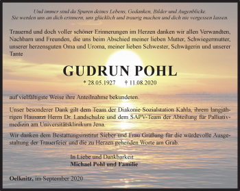 Traueranzeige von Gudrun Pohl von Ostthüringer Zeitung, Thüringische Landeszeitung