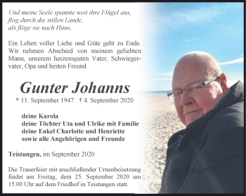 Traueranzeige von Gunter Johanns von Thüringer Allgemeine