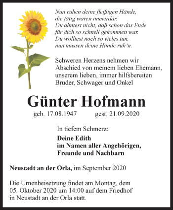 Traueranzeige von Günter Hofmann