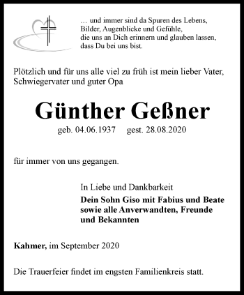 Traueranzeige von Günther Geßner von Ostthüringer Zeitung