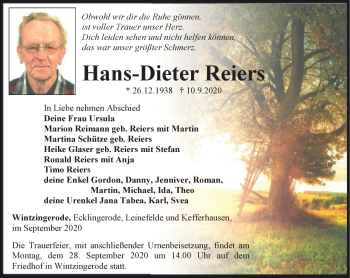 Traueranzeige von Hans-Dieter Reiers von Thüringer Allgemeine