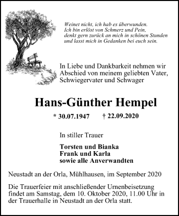 Traueranzeige von Hans-Günther Hempel von Ostthüringer Zeitung