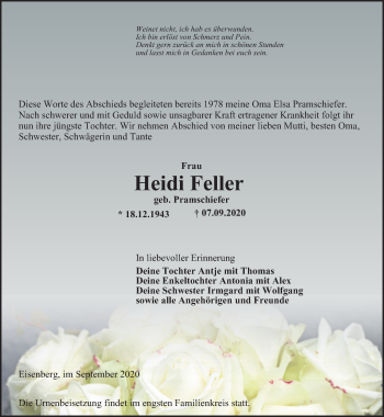 Traueranzeige von Heidi Feller von Ostthüringer Zeitung