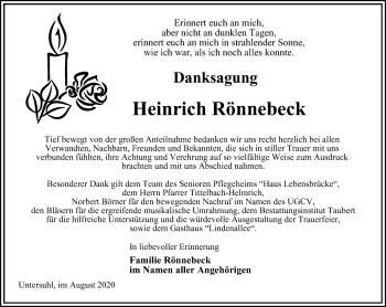 Traueranzeige von Heinrich Rönnebeck von Thüringer Allgemeine, Thüringische Landeszeitung