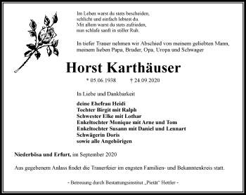 Traueranzeige von Horst Karthäuser von Thüringer Allgemeine