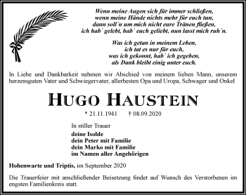 Traueranzeige von Hugo Haustein von Ostthüringer Zeitung