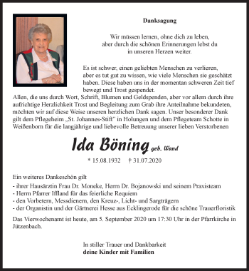 Traueranzeige von Ida Böning von Thüringer Allgemeine