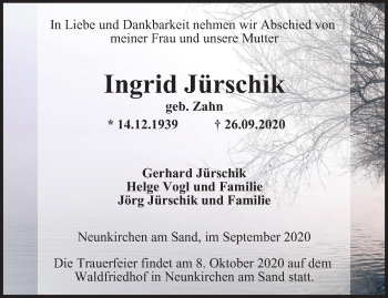 Traueranzeige von Ingrid Jürschik von Ostthüringer Zeitung