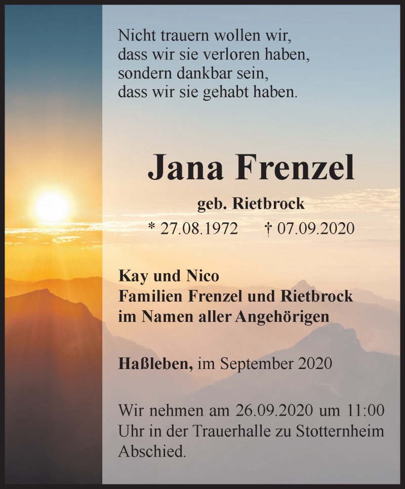  Traueranzeige für Jana Frenzel vom 19.09.2020 aus Thüringer Allgemeine, Thüringische Landeszeitung