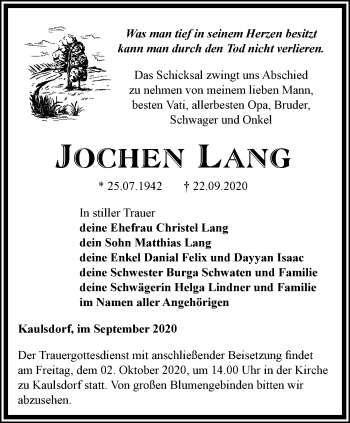 Traueranzeige von Jochen Lang von Ostthüringer Zeitung