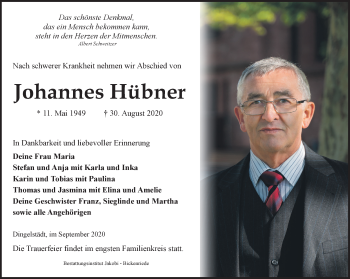 Traueranzeige von Johannes Hübner von Thüringer Allgemeine