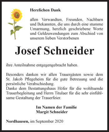 Traueranzeige von Josef Schneider von Thüringer Allgemeine