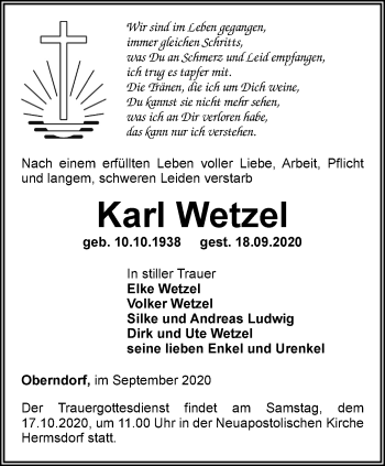 Traueranzeige von Karl Wetzel von Ostthüringer Zeitung