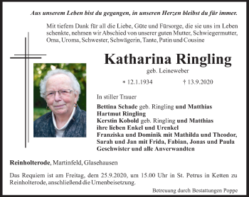Traueranzeige von Katharina Ringling von Thüringer Allgemeine