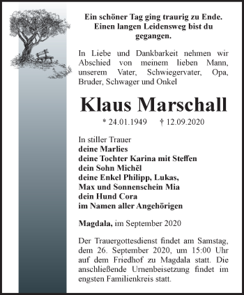Traueranzeige von Klaus Marschall von Thüringer Allgemeine, Thüringische Landeszeitung