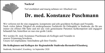 Traueranzeige von Konstanze Puschmann von Ostthüringer Zeitung