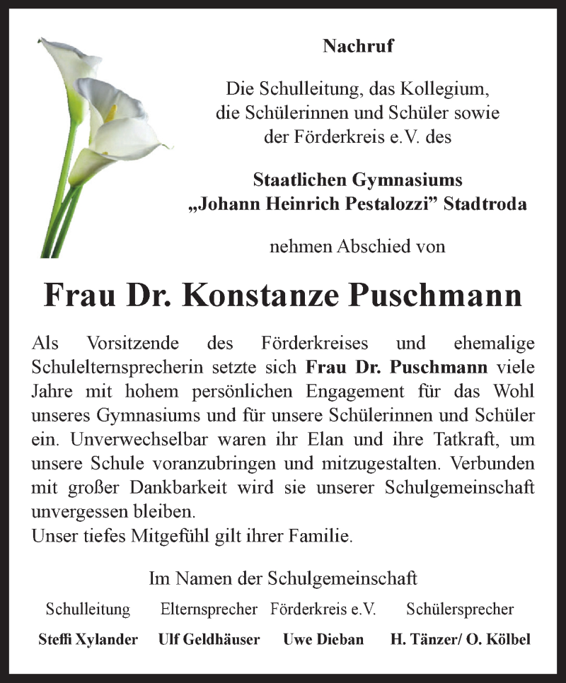  Traueranzeige für Konstanze Puschmann vom 09.09.2020 aus Ostthüringer Zeitung