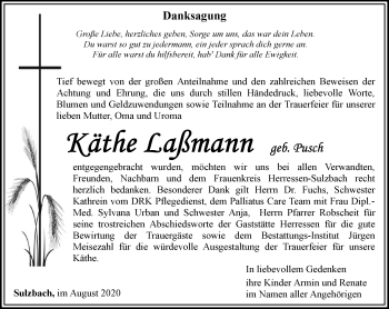 Traueranzeige von Käthe Laßmann von Thüringer Allgemeine, Thüringische Landeszeitung