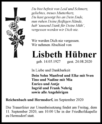 Traueranzeige von Lisbeth Hübner von Ostthüringer Zeitung