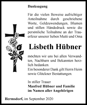 Traueranzeige von Lisbeth Hübner von Ostthüringer Zeitung