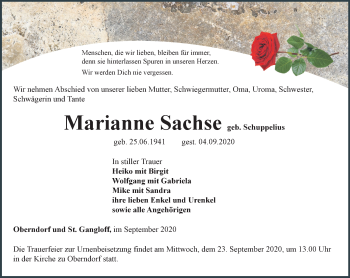 Traueranzeige von Marianne Sachse von Ostthüringer Zeitung