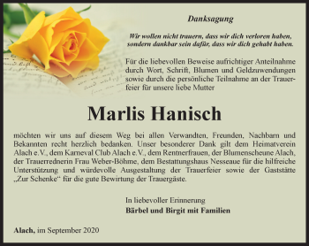 Traueranzeige von Marlis Hanisch von Thüringer Allgemeine, Thüringische Landeszeitung