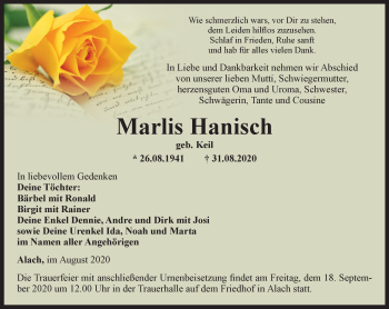 Traueranzeige von Marlis Hanisch von Thüringer Allgemeine, Thüringische Landeszeitung