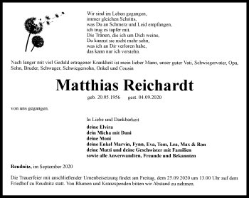 Traueranzeige von Matthias Reichardt von Ostthüringer Zeitung