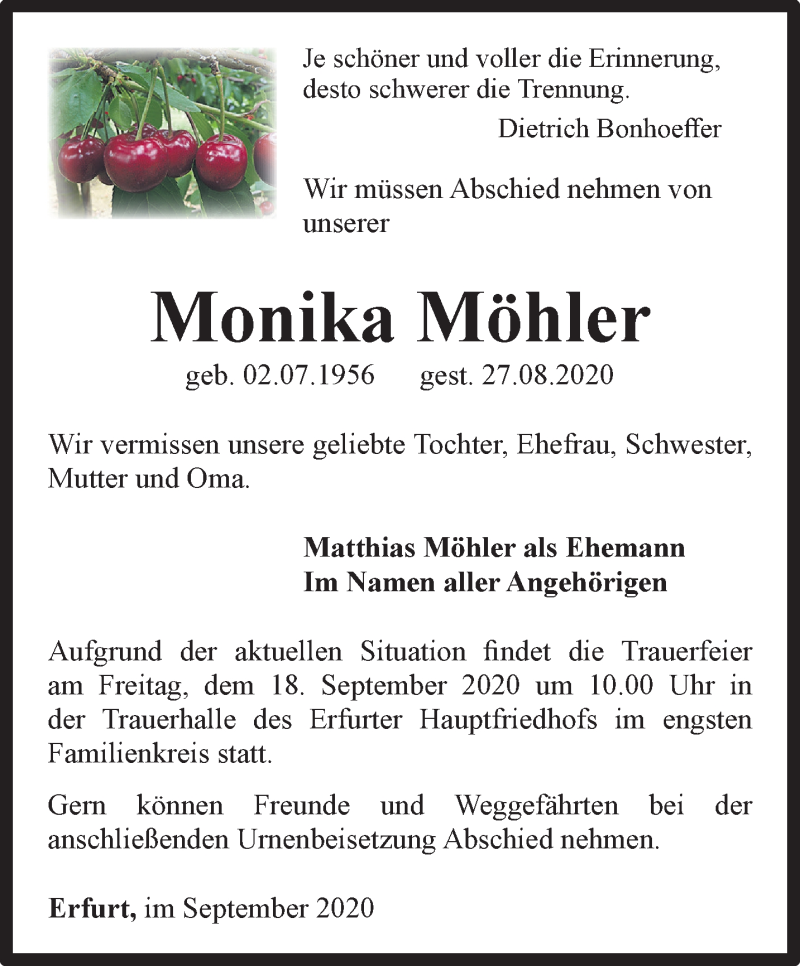  Traueranzeige für Monika Möhler vom 05.09.2020 aus Thüringer Allgemeine, Thüringische Landeszeitung