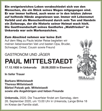Traueranzeige von Paul Mittelstaedt von Thüringer Allgemeine, Thüringische Landeszeitung