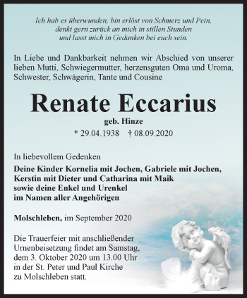 Traueranzeige von Renate Eccarius von Thüringer Allgemeine, Thüringische Landeszeitung