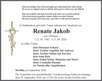 Traueranzeige von Renate Jakob von Ostthüringer Zeitung