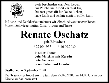 Traueranzeige von Renate Oschatz von Thüringer Allgemeine, Thüringische Landeszeitung