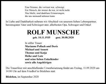 Traueranzeige von Rolf Munsche von Thüringer Allgemeine
