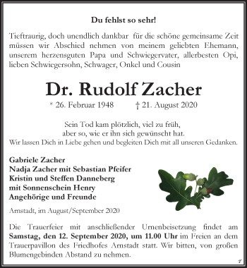 Traueranzeige von Rudolf Zacher von Thüringer Allgemeine