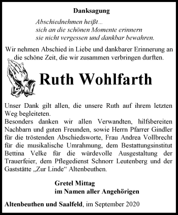 Traueranzeige von Ruth Wohlfarth von Ostthüringer Zeitung