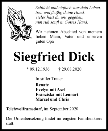 Traueranzeige von Siegfried Dick von Ostthüringer Zeitung