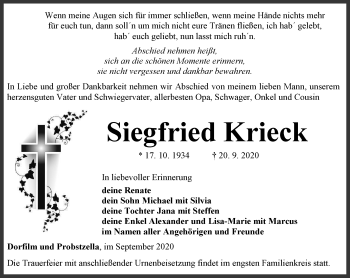 Traueranzeige von Siegfried Krieck von Ostthüringer Zeitung