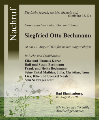 Traueranzeige von Siegfried Otto Bechmann von Ostthüringer Zeitung